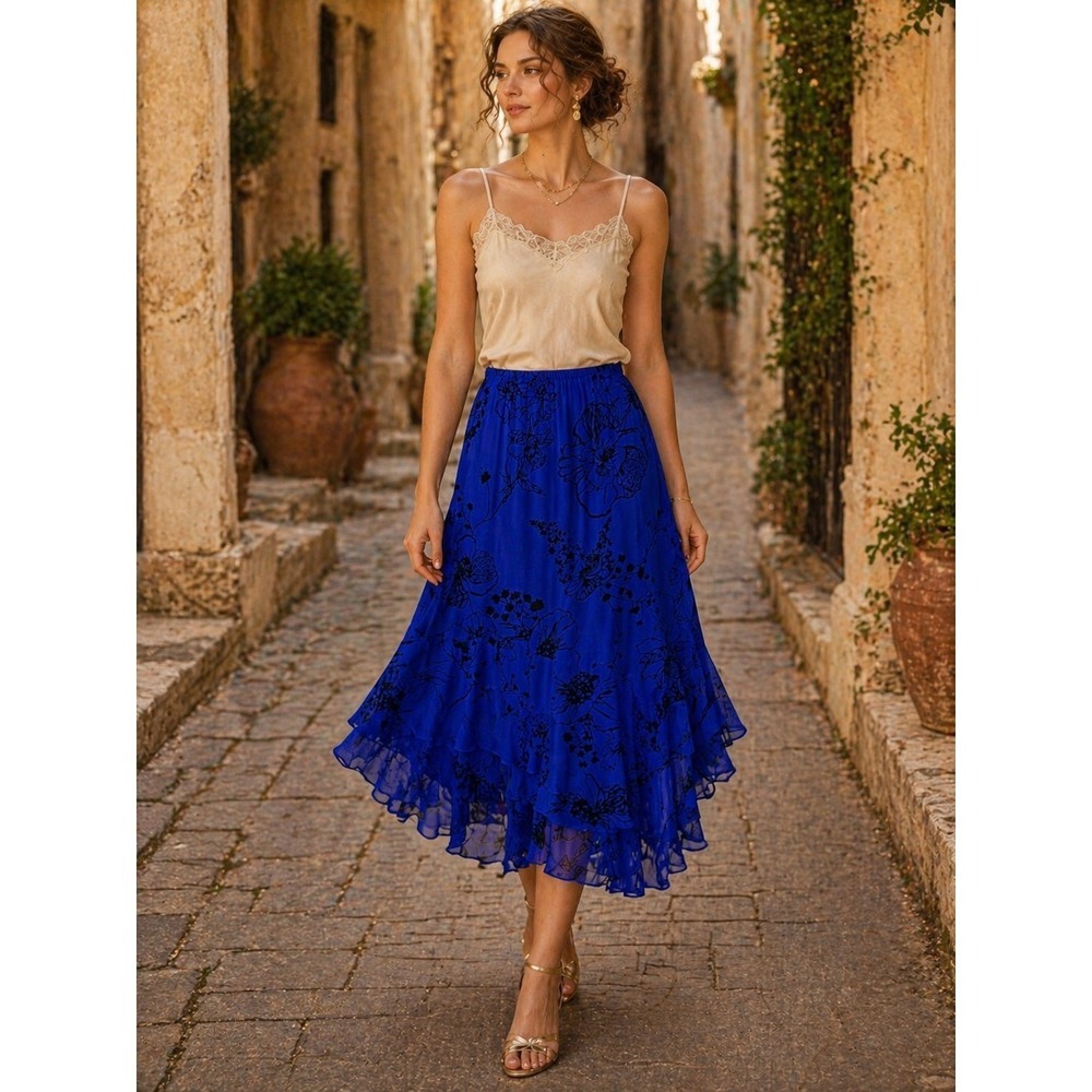 Vintage Chico's Silk Skirt Blue Floral Layered Hem Y2K Boho Size 1